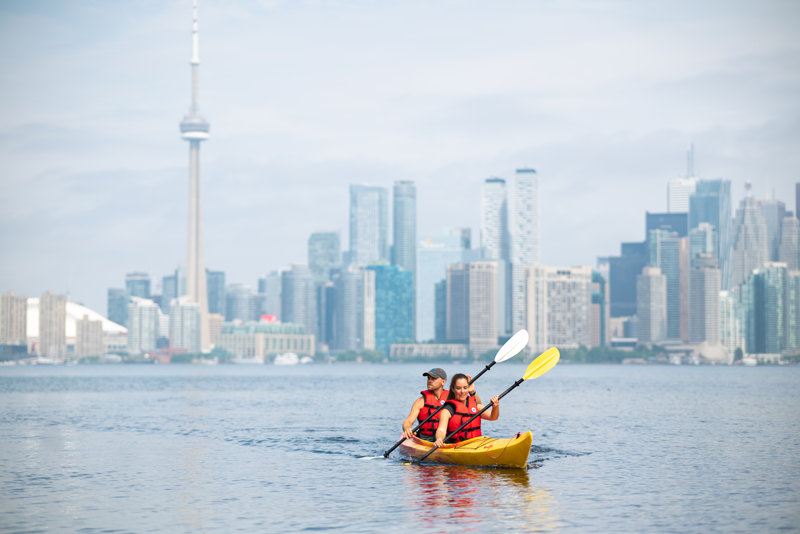Toronto skyline with kayakers